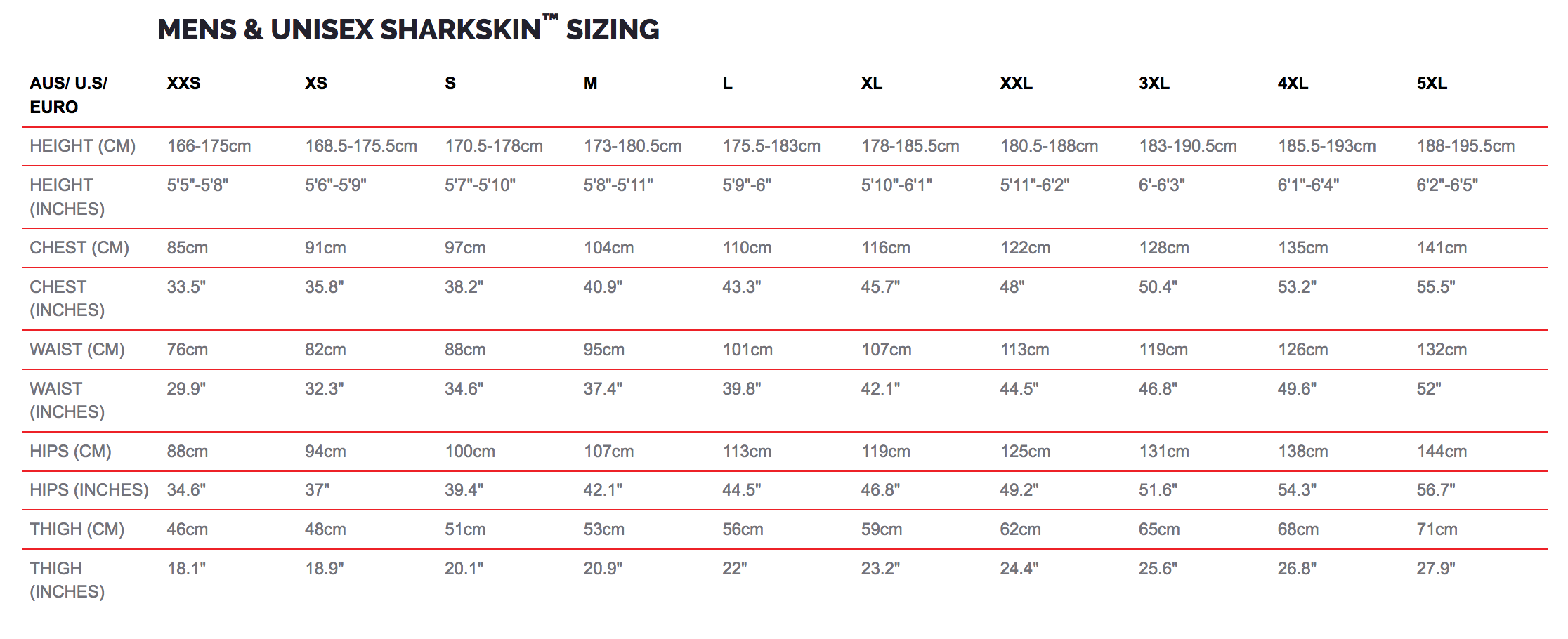 Rapid Dry Unisex Long Sleeve Rashguard Size Chart