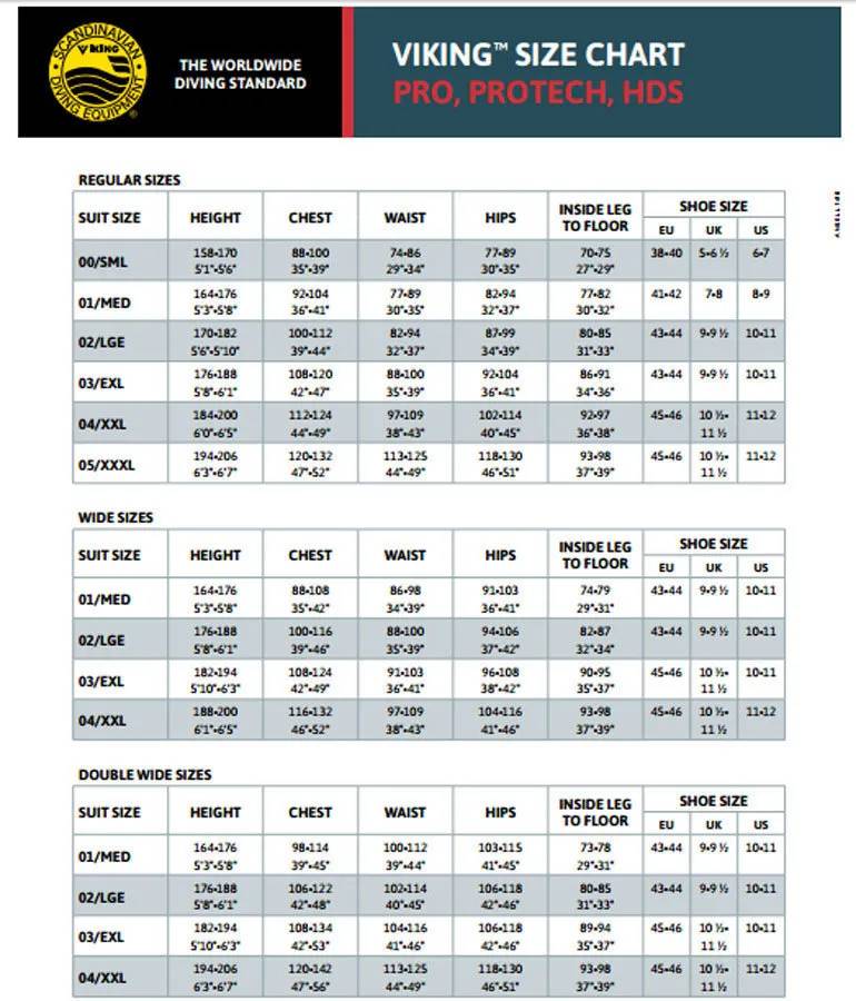 Viking Pro 1050 Drysuit (04, Used) Size Chart