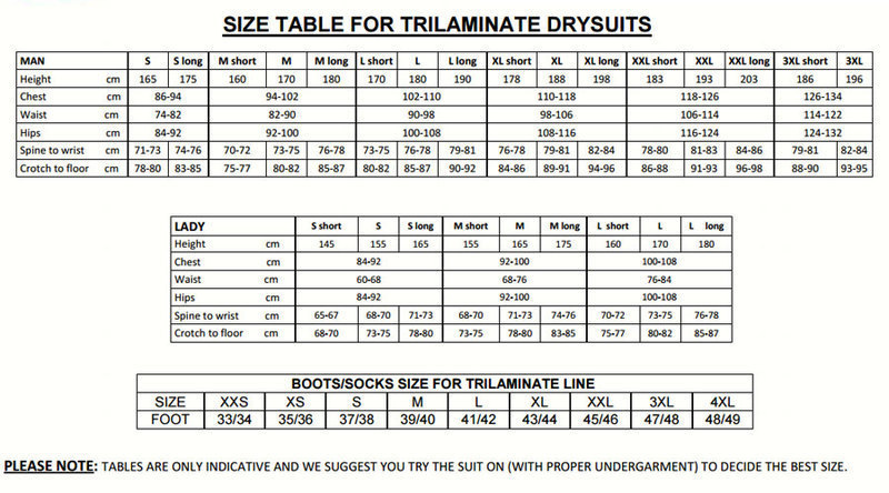RS450k Trilaminate Drysuit Size Chart