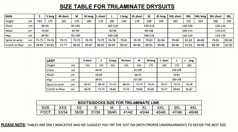 RS X Trilaminate Drysuit Size Chart