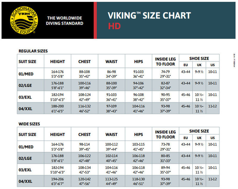 Viking HD 1550 Drysuit Size Chart