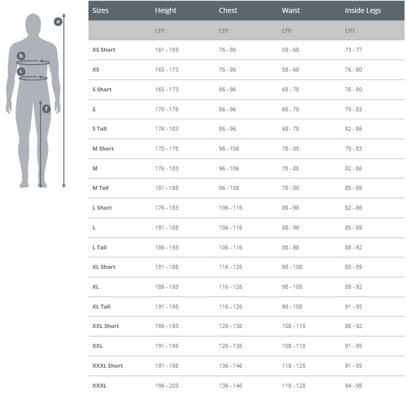 RF2 Hooded Jacket Size Chart