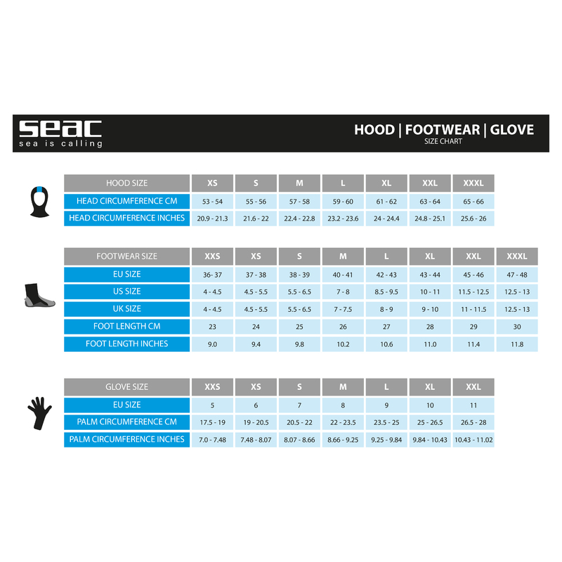 Calzari Basic HD 5mm Dive Boots Size Chart