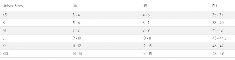 Thermocline Fin Sock  (Small & 2XL, Closeout) Size Chart