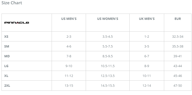 Merino DrySuit Boot Liners Size Chart