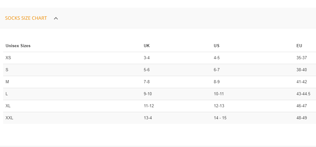 Arctic Socks (XS, Closeout) Size Chart