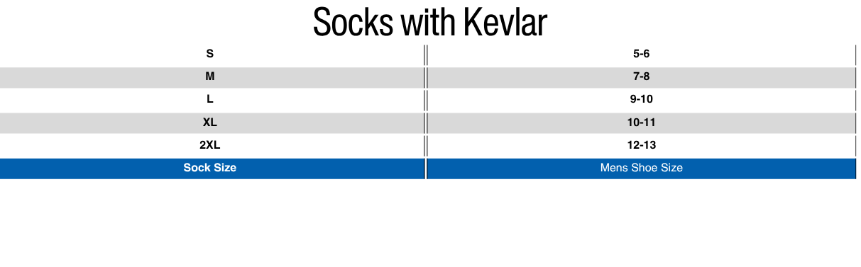 Replacement Neoprene Socks (Kevlar Soles) Size Chart