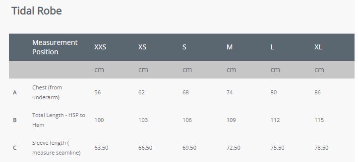 Tidal Robe Size Chart