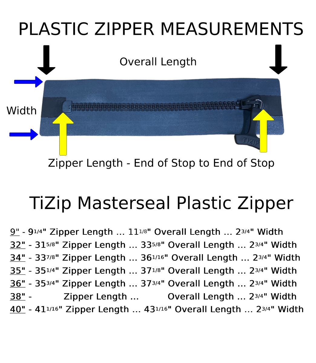 TIZIP Masterseal Grey Drysuit Zipper Size Chart