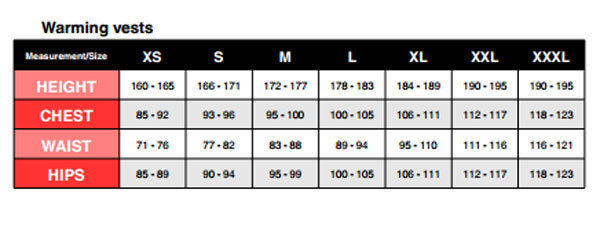 Demo Heated Vest Size Chart