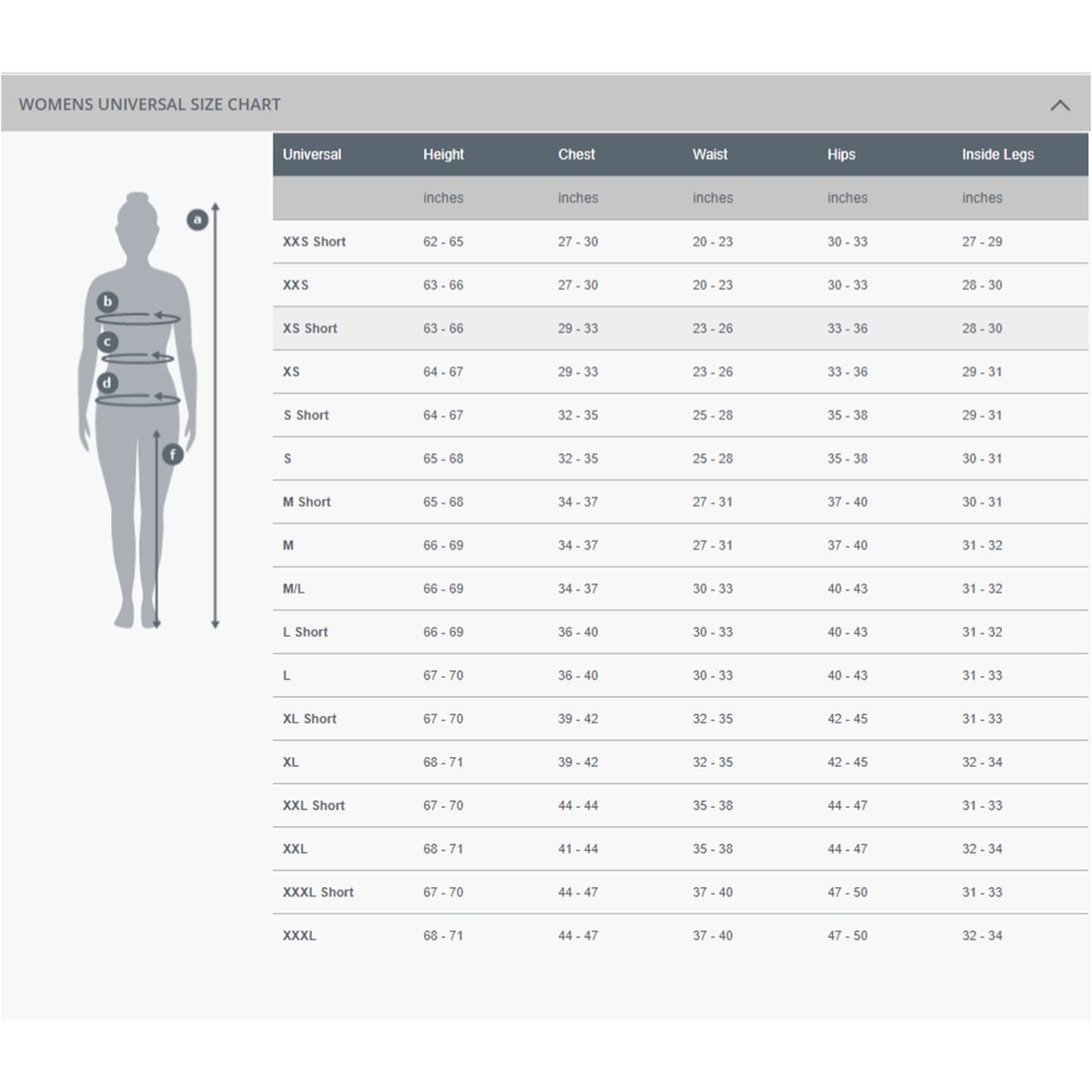 Women's Xenos ARC 3mm Wetsuit Female Size Chart