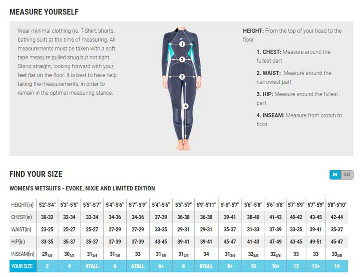 Nixie Ultra 3/2mm Women's Wetsuit Female Size Chart