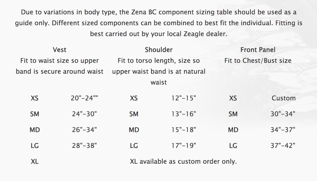 Zena Women's BC Female Size Chart