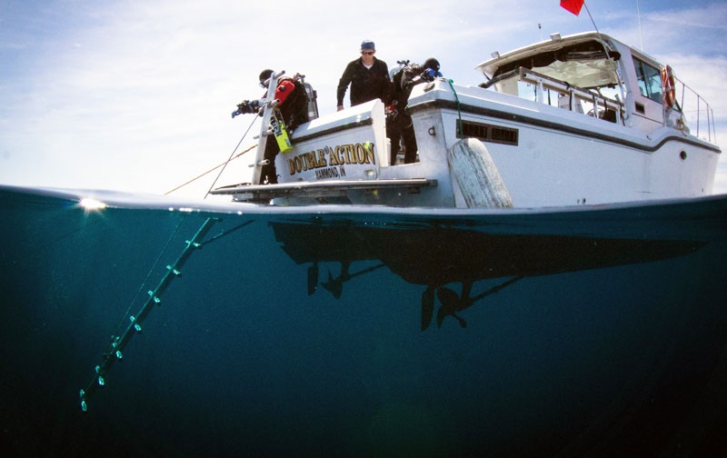 An image of a dive charter boat. Half above, half below water.