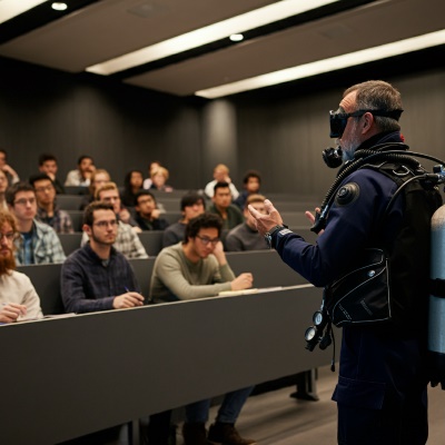 A professor in full scuba gear teaching in a college lecture hall