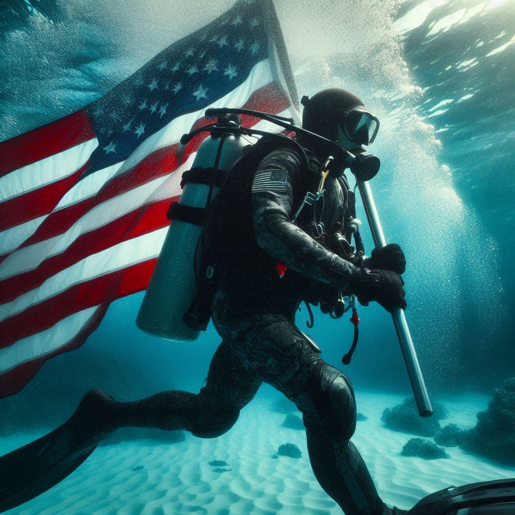 AI image of a Scuba diver underwater with the American flag