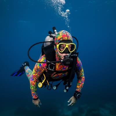 A diver underwater in a wetsuit that is splattered with several different paintcolors