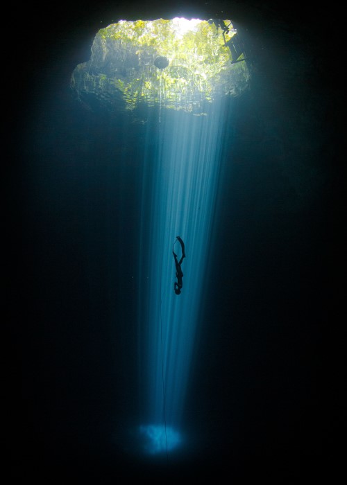 An image of a diver going deep into the water on a dive