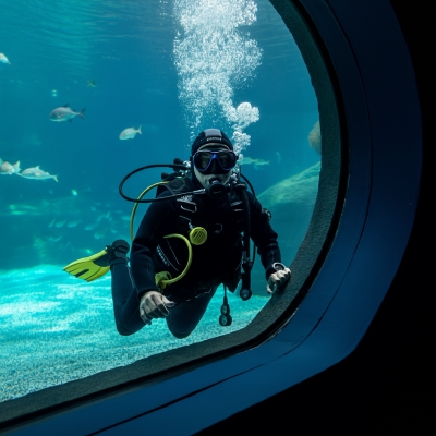 A diver in an aquarium looking out a glass partition