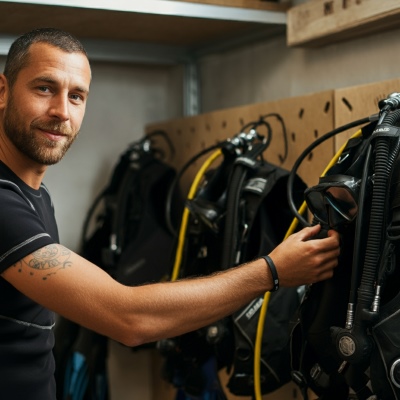 A diver hanging his gear on a wooden pegboard in his garage