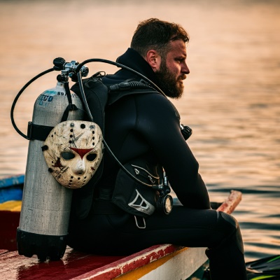 A scuba diver sitting on a boat with a hockey mask hanging off his tank.