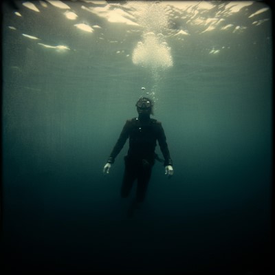 A diver underwater in a photo that has a spooky filter on it.