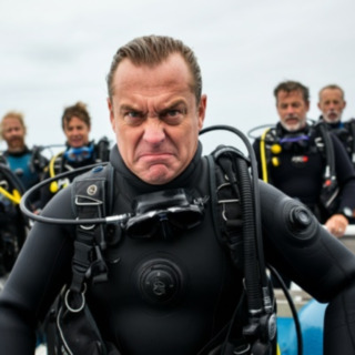 A mean looking diver surrounded by exasperated divers on a boat