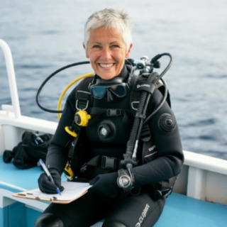 Senior female scuba diving sitting on a dive boat