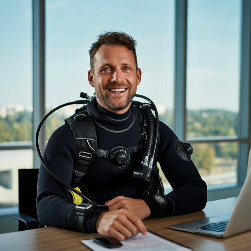 Scuba diver sitting at a desk but in full scuba gear