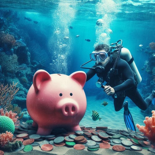 An AI image of a diver underwater looking at a piggy bank. Coins are scattered all around