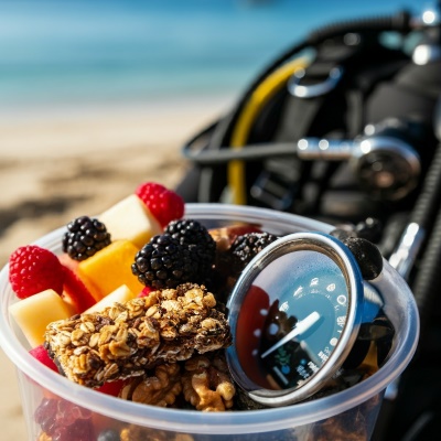 Granola and berries in a plastic cup placed in front of scuba gear