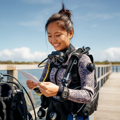 A female scuba diver standing on a dock and looking over a checklist to make sure she has all her gear