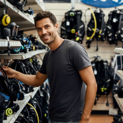 A man shopping for used scuba gear in a dive shop