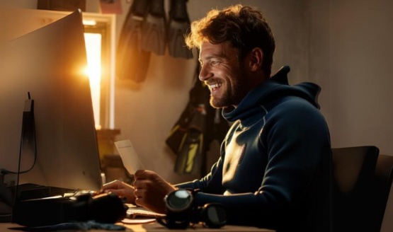 A male diver purchasing gear on the computer using a gift certificate