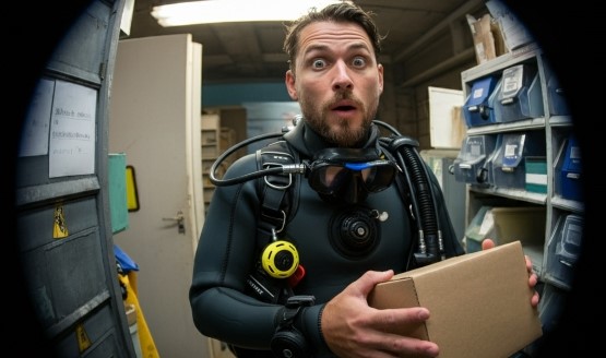 Diver with a package in his hand looking out of a window