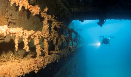 A diver shining a light on a large, underwater shipwreck