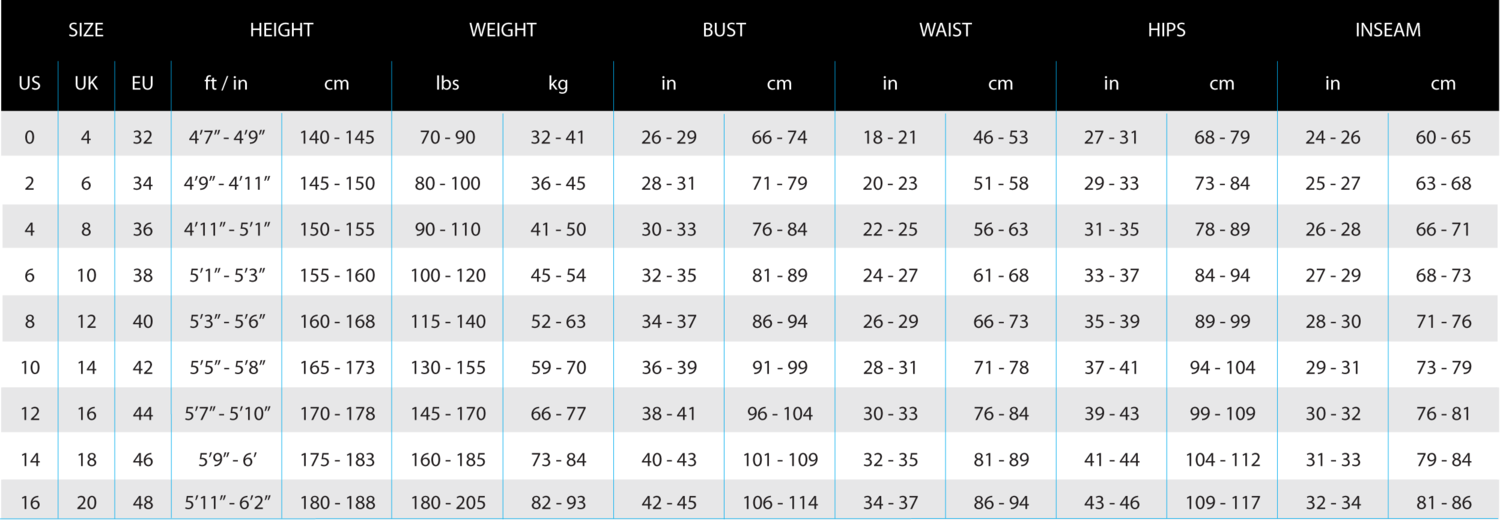 Size Chart for Merino Women's Short Sleeve