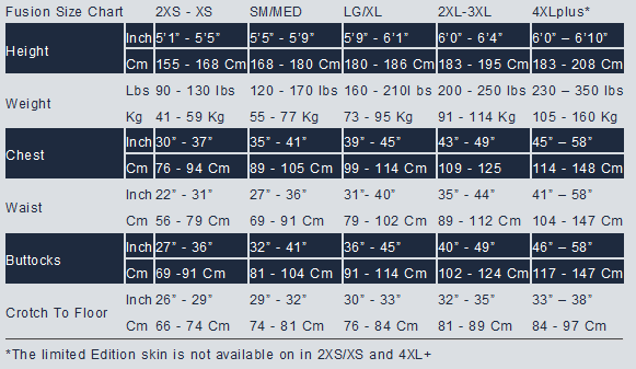Size Chart for Fusion Sport Aircore Drysuit - L/XL (Closeout)