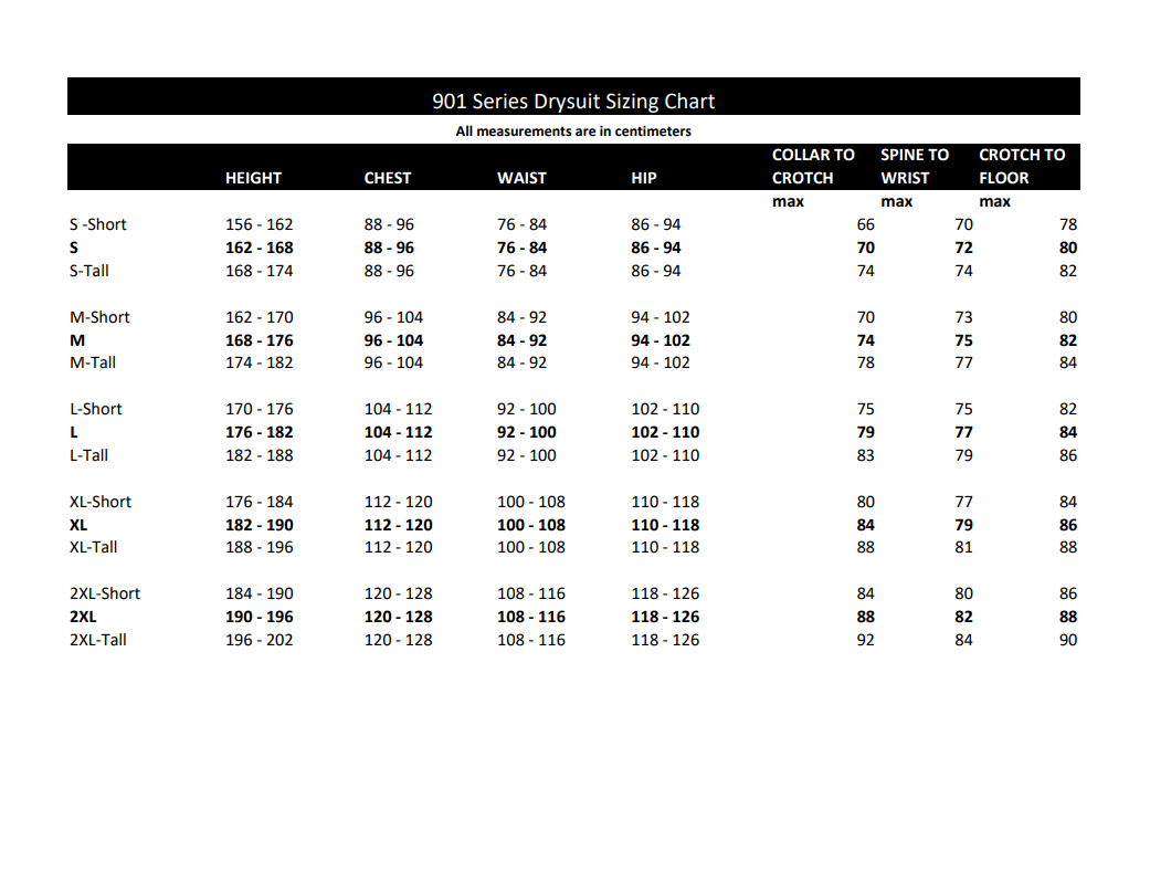 Size Chart for 901 Series Drysuit