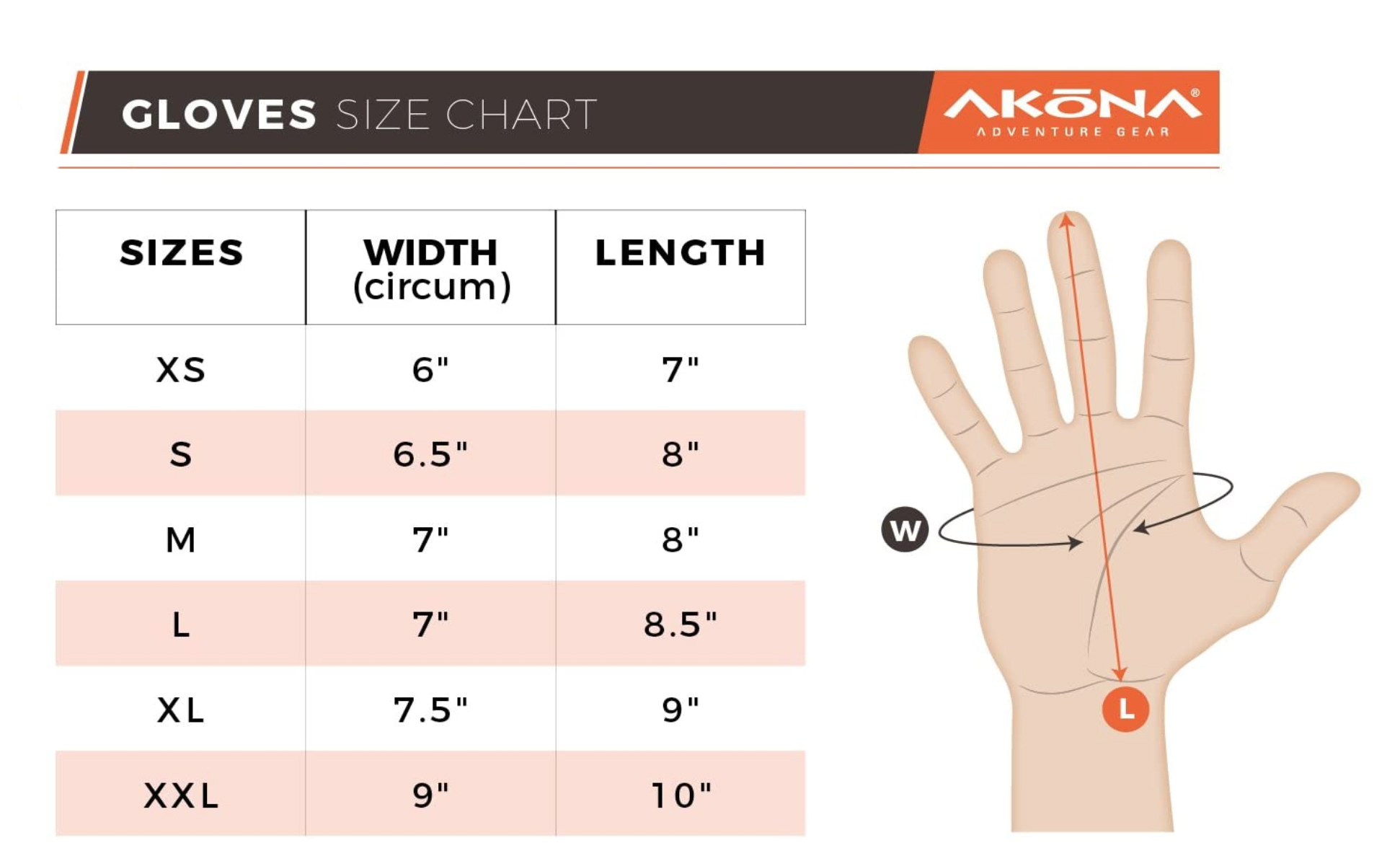 Size Chart for Bug Hunter Glove (Small & Medium, Closeout)