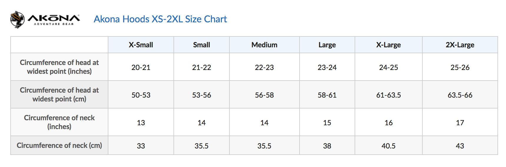 Size Chart for Quantum Stretch Vented Zip Hood (Closeout)