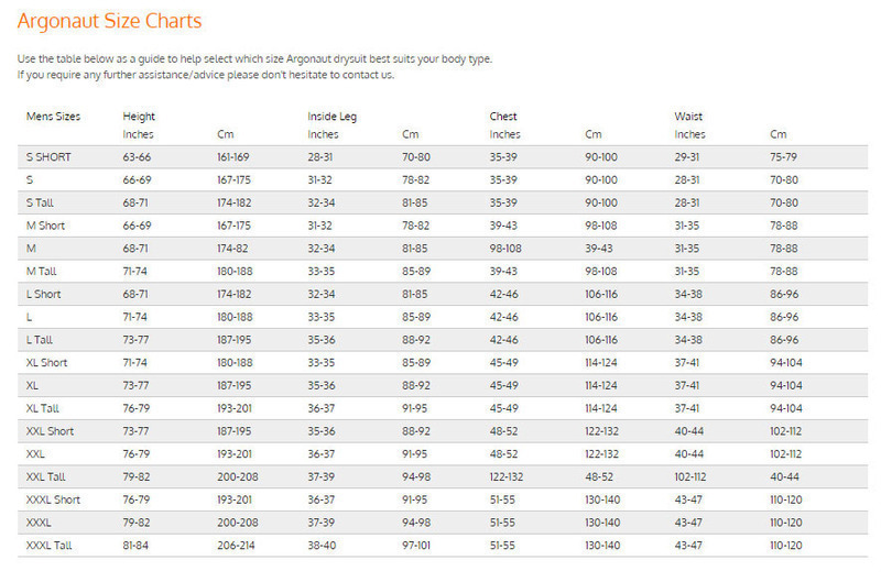 Size Chart for Argonaut Flex 3.0 Drysuit