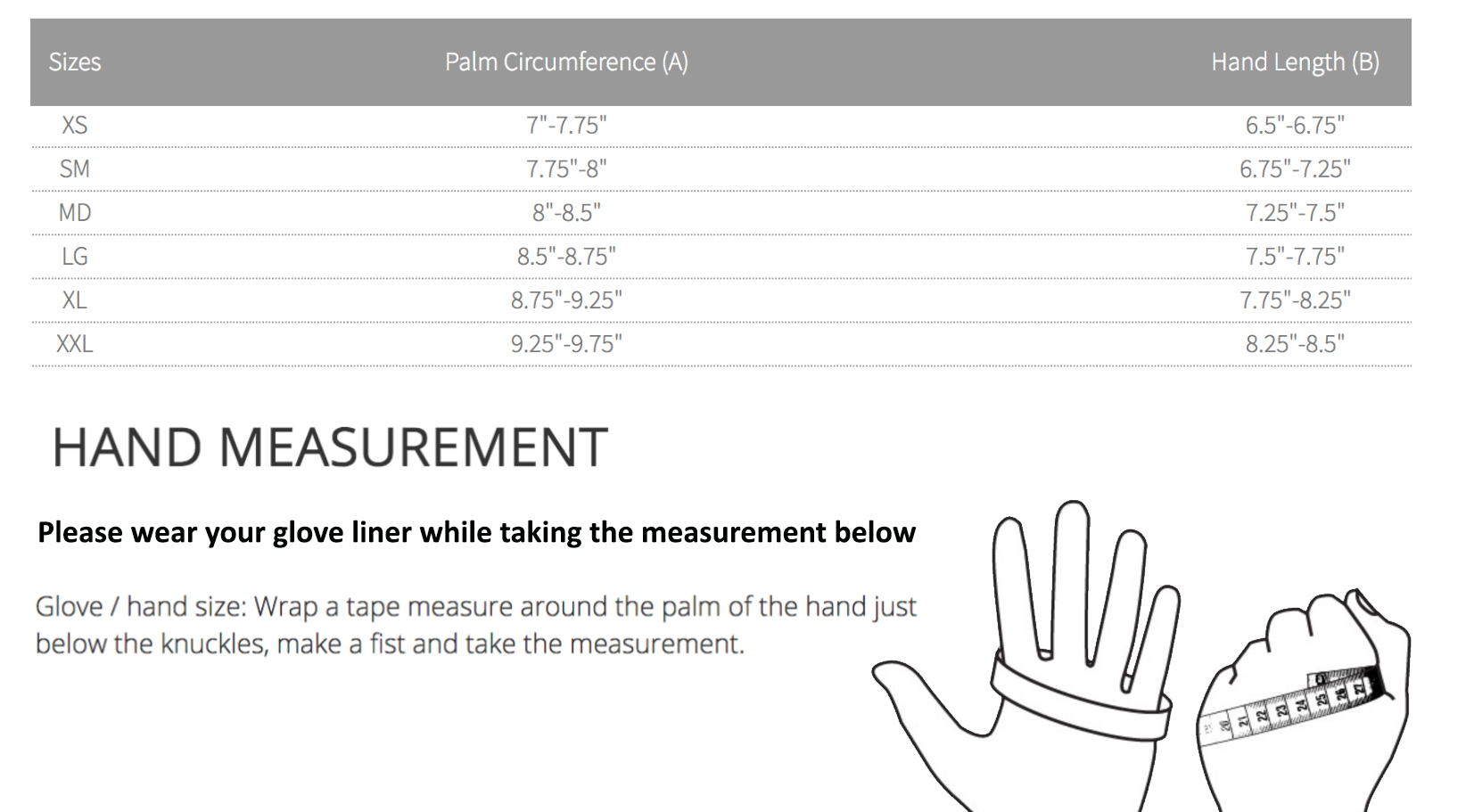 Size Chart for Press Lock Dryglove System with Thick Gloves