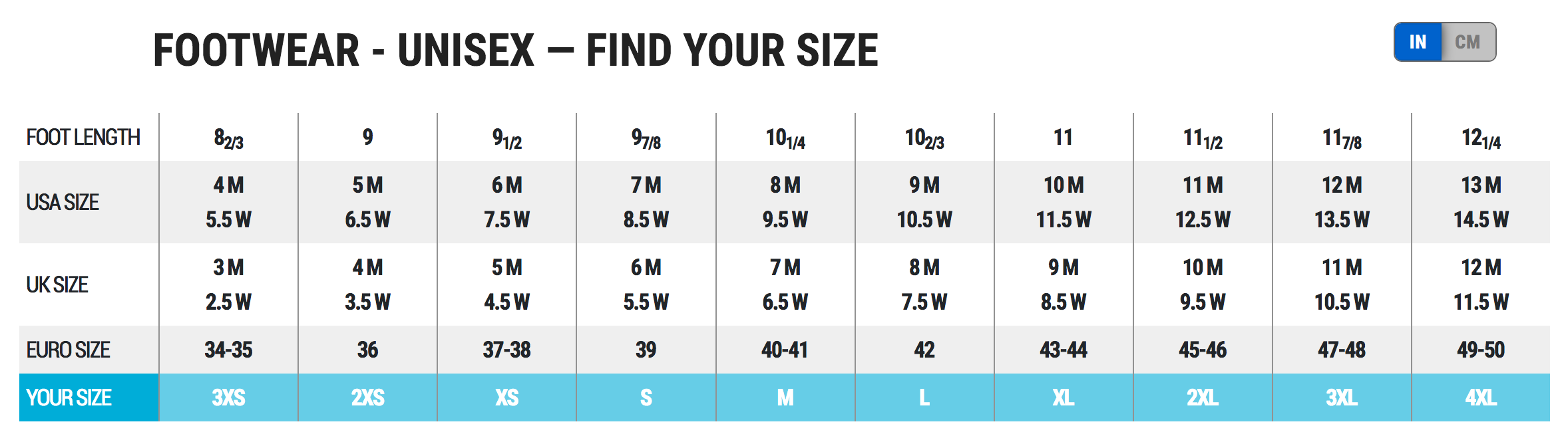 Female Size Chart for Exowear Socks Unisex 