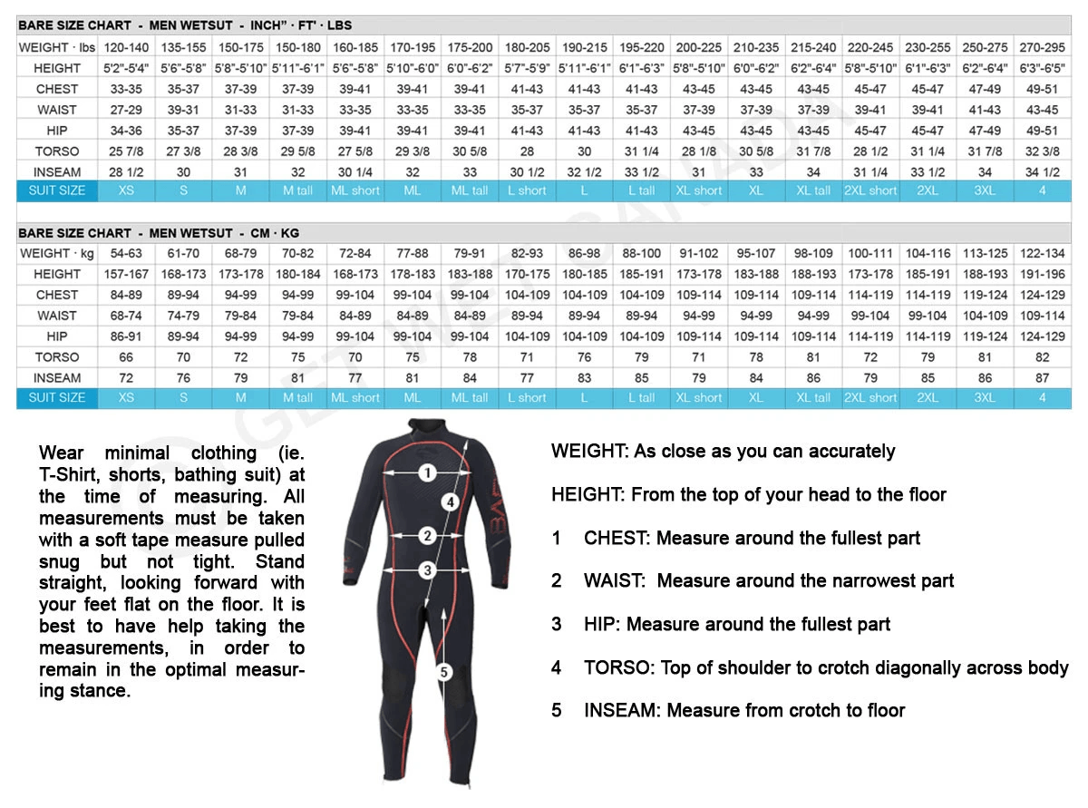 Size Chart for 7mm Men's Sport S-Flex Wetsuit (ML Tall, Closeout)