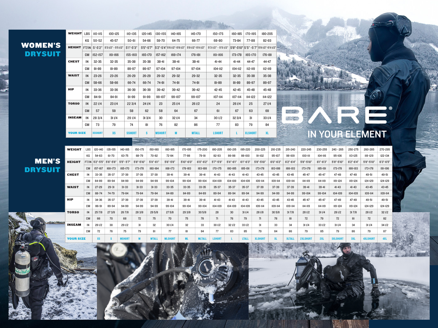 Size Chart for Trilam Search & Rescue - Surface Drysuit
