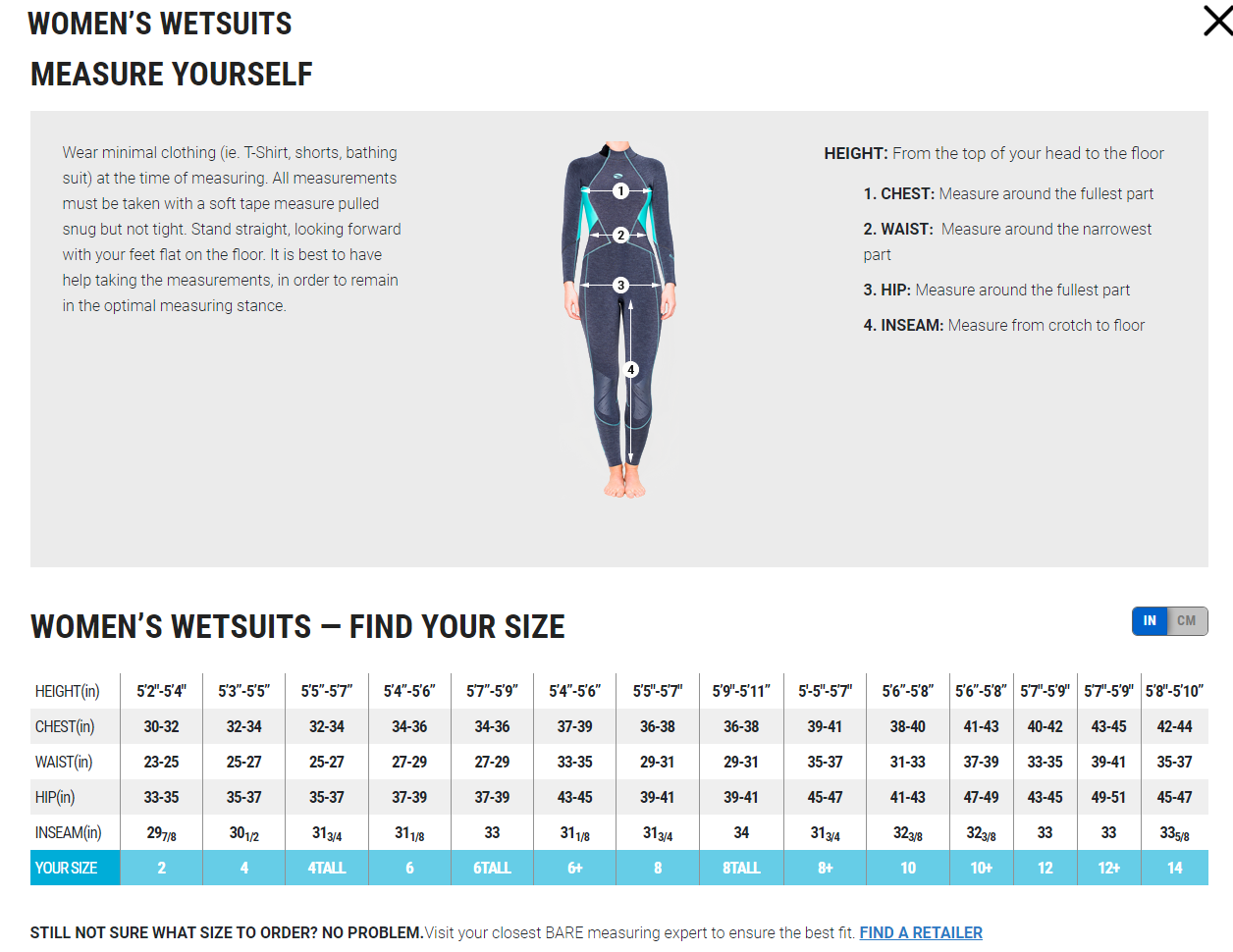 Female Size Chart for Velocity Ultra 8/7mm Semi-Dry Men's Wetsuit (Small and XL, Closeout)