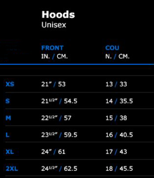 Size Chart for EXOWEAR Hood