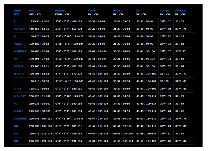 Size Chart for Trilam Pro Dry Drysuit