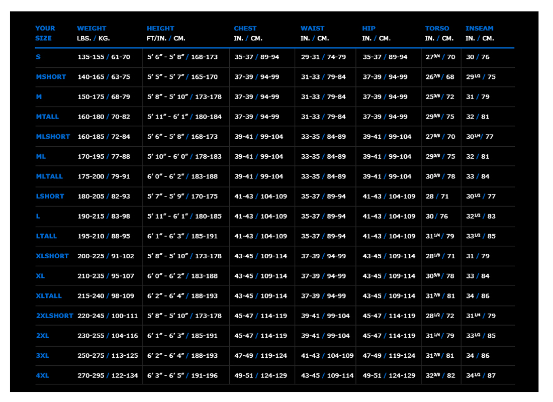 Size Chart for EXOWEAR Shorts
